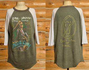 1990 Neil Young & Crazy Horse Ragged Glory Tour Paper Thin Front and Back Print Hippie Rock T Shirt