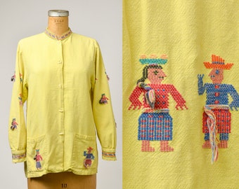 Vintage Guatemalan Jacket Yellow Cotton Hand Woven Button Down Shirt