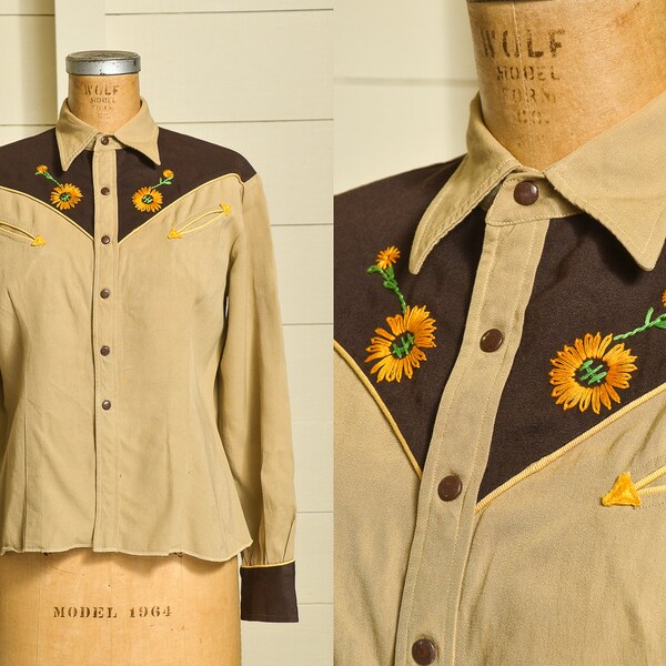 1940s Sunflower Embroidered Western Shirt Arrow Pocket Two Tone Brown Wool Gabardine Western Rockabilly Shirt