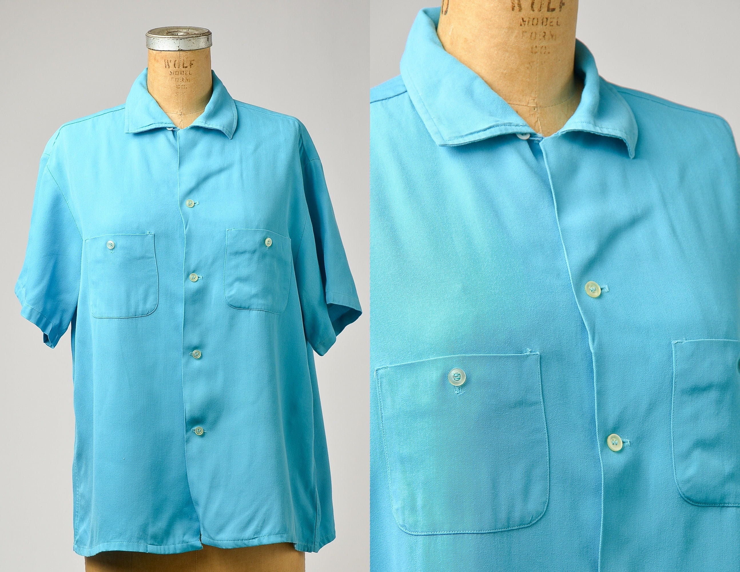 1950s Bowling Shirt Sky Blue Rayon Penney 