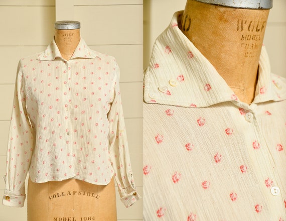 1930s Cotton Blouse White w/ Red Polka Dot Button