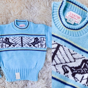 1950s Deadstock Kids Sweater Blue Cherub Horse Knit Wool Ski Sweater size 4 image 1