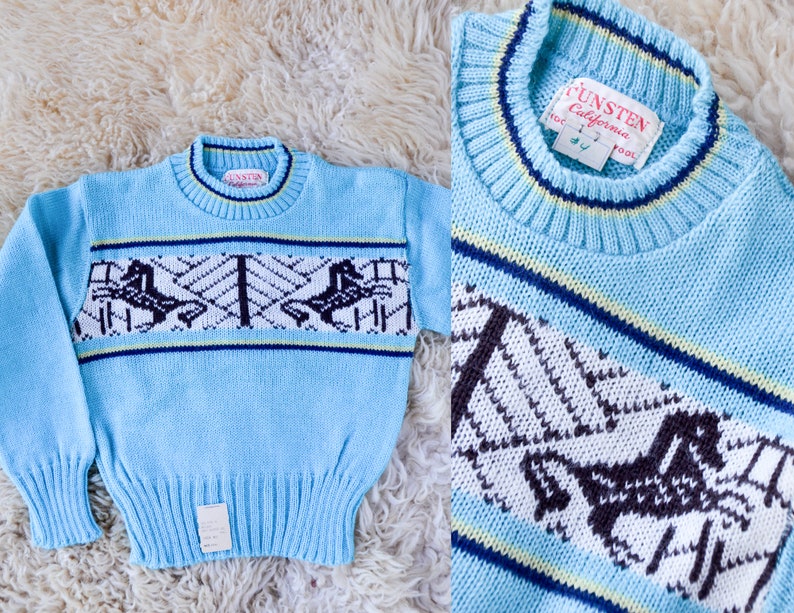 1950s Deadstock Kids Sweater Blue Cherub Horse Knit Wool Ski Sweater size 4 image 1