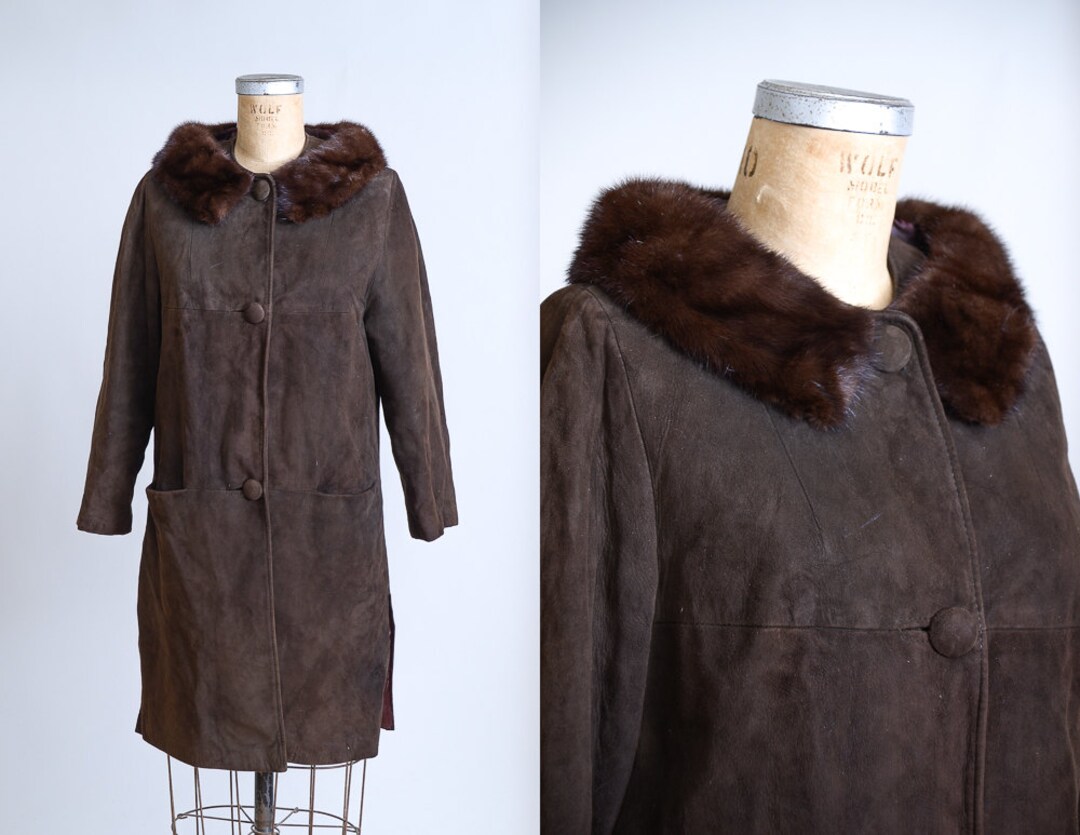 1950s Leather and Mink Swing Coat Brown Suede Fur Collar - Etsy
