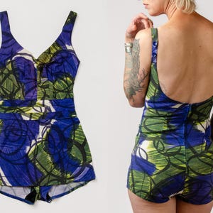 1950s Skirted Novelty Swimsuit Sweetheart Pin Up Ruched Bombshell One Piece Playsuit