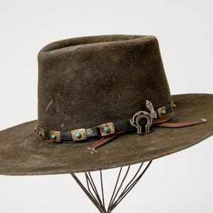 Vintage Sterling Concho Hat Band on Distressed Wide Brim Western Hat