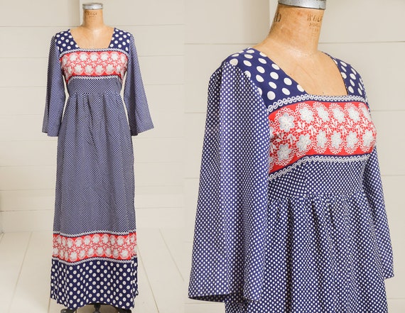 70s Calico Bell Sleeve Festival Dress Empire Waist