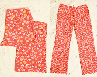 1960er Jahre Floral Hippie Hose Rot und Gelb Baumwolle Pop Art Hose 31 x 30