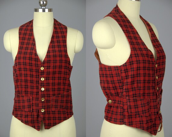1930s Plaid Vest Buckle Back Red and Black Plaid C