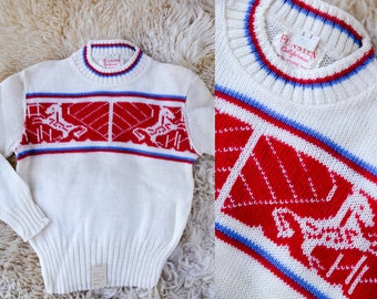 1950s Deadstock Kids Sweater White & Red Cherub Horse Knit Wool Ski Sweater size 6