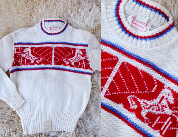 1950s Deadstock Kids Sweater White & Red Cherub H… - image 1