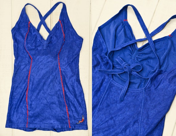 1940s JANTZEN Swimsuit Pin Up Blue Knit Open Back