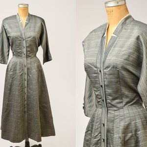 1940s Silver Taffeta Full Circle Dress Rhinestone Button Down Rockabilly Dress