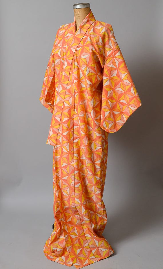 Vintage Kimono Geometric Print Orange Sherbet Cot… - image 3