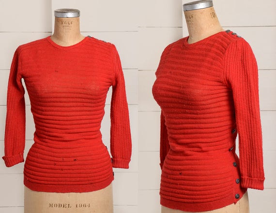 1930s Sweater Side Button Red Wool Knit Deco Sweat