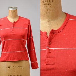 1970s Henley Shirt Red Stripe Long Sleeve Long John Shirt