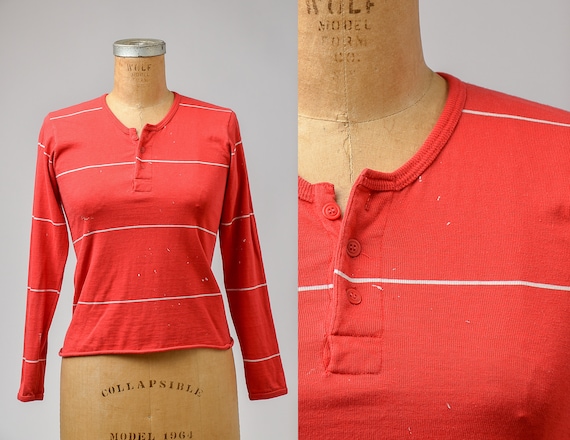 1970s Henley Shirt Red Stripe Long Sleeve Long Jo… - image 1