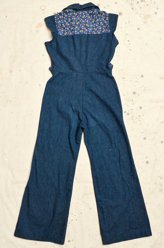 1970s Denim Jumpsuit Dark Indigo with Floral Cott… - image 4