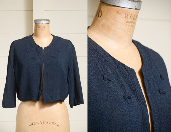 1950s Bolero Jacket Navy Blue Rayon Crop Blouse - image 1