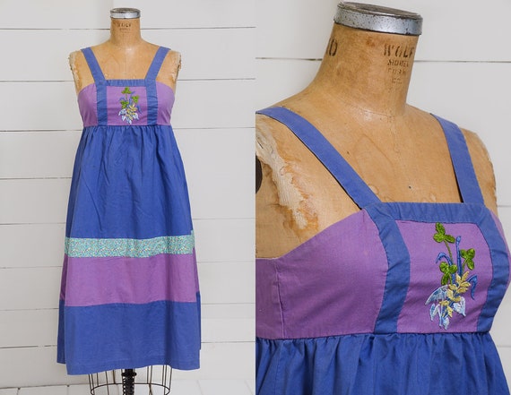 70s Patchwork Panel Hippie Dress Gunne Style Embro