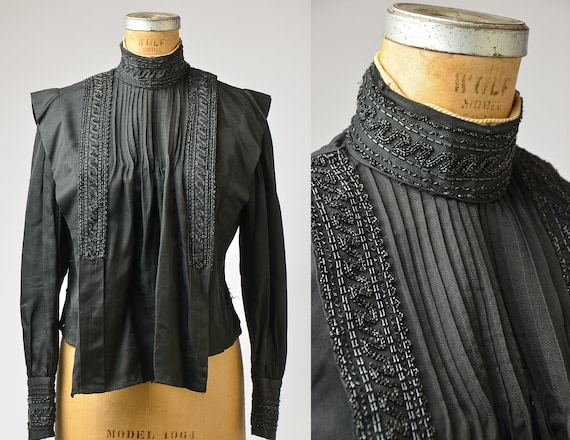 Victorian Beaded Silk Mourning Blouse 1800's Glas… - image 1