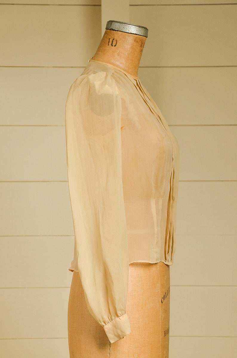 Antique Silk Blouse Sheer Ivory Button Back Pleated Deco Blouse image 2