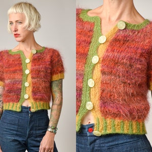 Fuzzy Mohair Cardigan Handknit Block Color Sweater Jacket