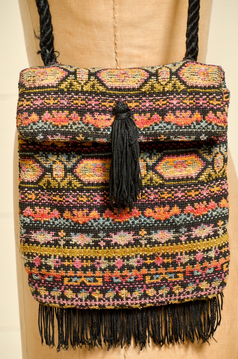 1960s Carpet Bag Tasseled Hippie Knit Carpet Bag image 4