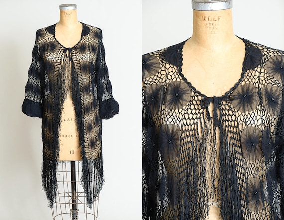 Vintage Open Crochet Heavy Fringe Cape Jacket - image 1