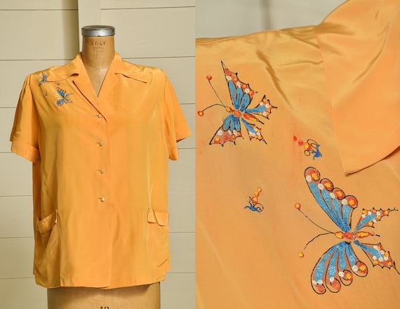1950s Butterfly Blouse Mustard Yellow Rayon Button