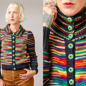 Hand knit Rainbow Sweater Merino Wool with Deco Buttons Sweater Jacket