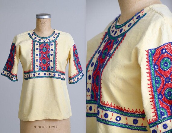 1960s Banjara Indian Cotton Blouse Hand Embroider… - image 1