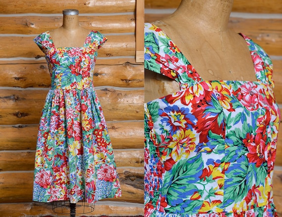 1980s Romantic Floral Day Dress Made in San Fransi