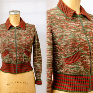 1970s Space Dye Sweater Red and Green Disco Knit Crop Jacket
