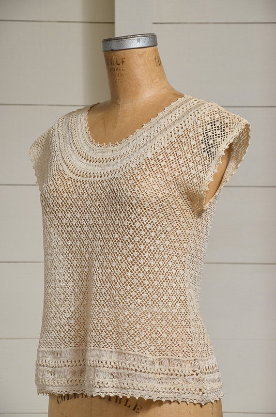 Antique Crochet Blouse Ivory Cotton Button Back B… - image 3