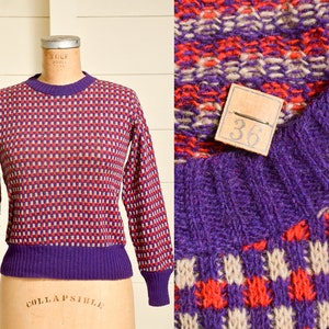 Maglione da sci geometrico in maglia di lana a quadri rossi e viola degli anni &#39;30