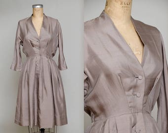 1950s Modern Silk Camel Brown Anjac Fashions California Button Down Shirt Dress
