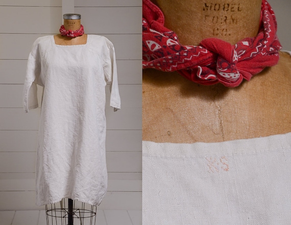 Antique French Linen Cotton Smock Dress White Weig