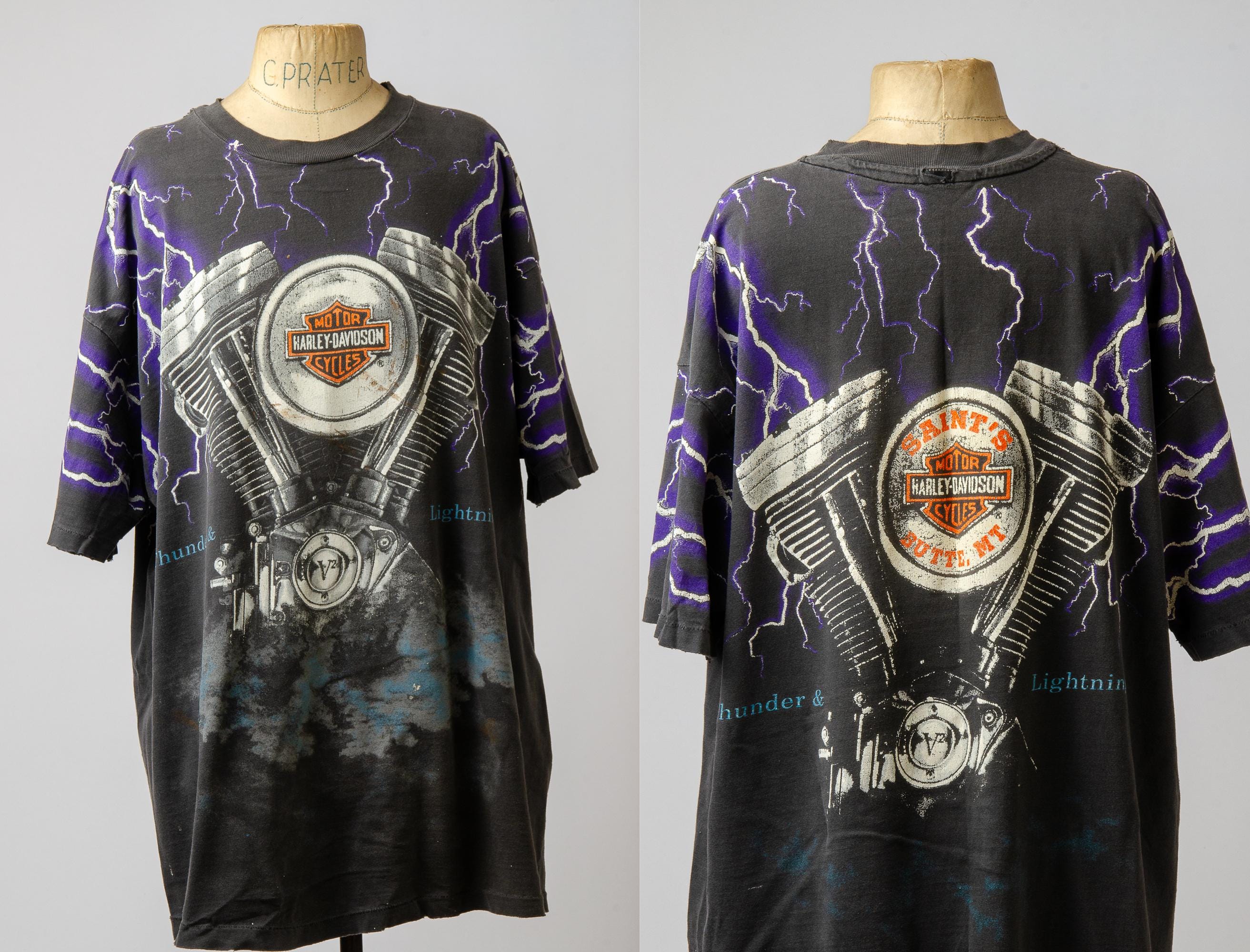 90s 3D Harley Davidson Thunder & Lightening Motorcycle T