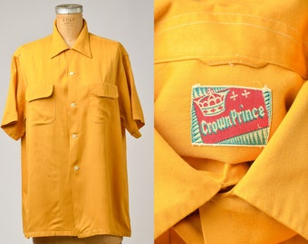 1950s Bowling Shirt Mustard Yellow Rayon Crown Prince Bowler Shirt