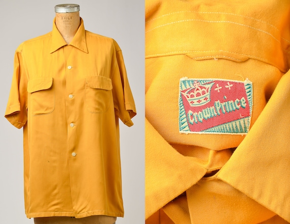 1950s Bowling Shirt Mustard Yellow Rayon Crown Pr… - image 1
