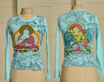 Vintage Tibetan Buddhism Hand Blocked All Over Print Turquoise Long Sleeve Cotton Import T Shirt Deadstock