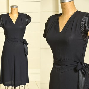1940s Rayon Deco Dress Silk Stitched Sleeves Belted Cocktail Dress