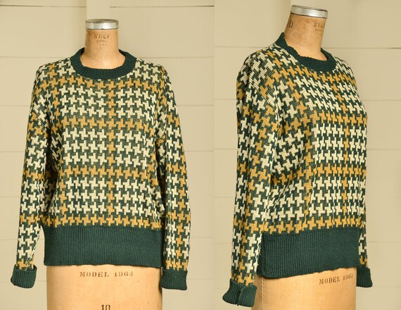 1960s Houndstooth Sweater Green & Yellow Pullover… - image 1