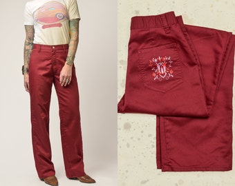 1970s Burgundy Embroidered Pockets High Waisted Flare Jeans 27 x 31