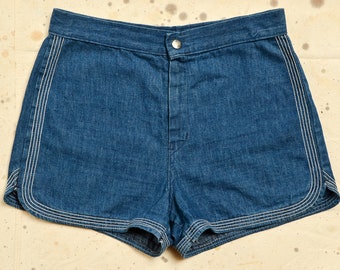 1970s Disco Shorts High Waisted Stitched Denim Indigo Denim Shorts W 32