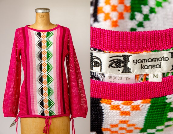 Vintage 80s Kansai Yamamoto Graphic Shawl Collar Sweater