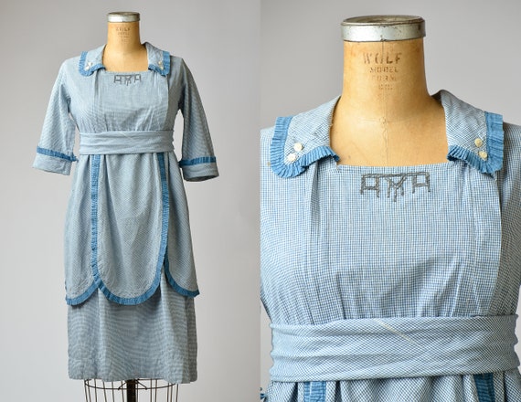Vintage Edwardian Dress Indigo Blue & White Plaid Cotton Prairie 