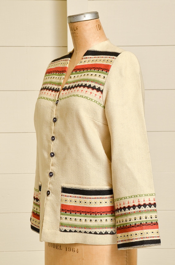 1950s Norwegian Hand Woven Jacket Festive Wool Re… - image 3