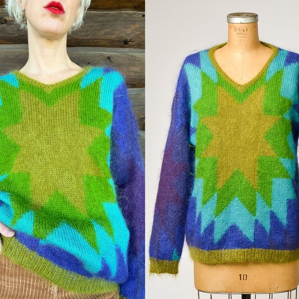 1980s Punk Mohair Sweater Quilt Star Pattern Oversized Fuzzy Sweater